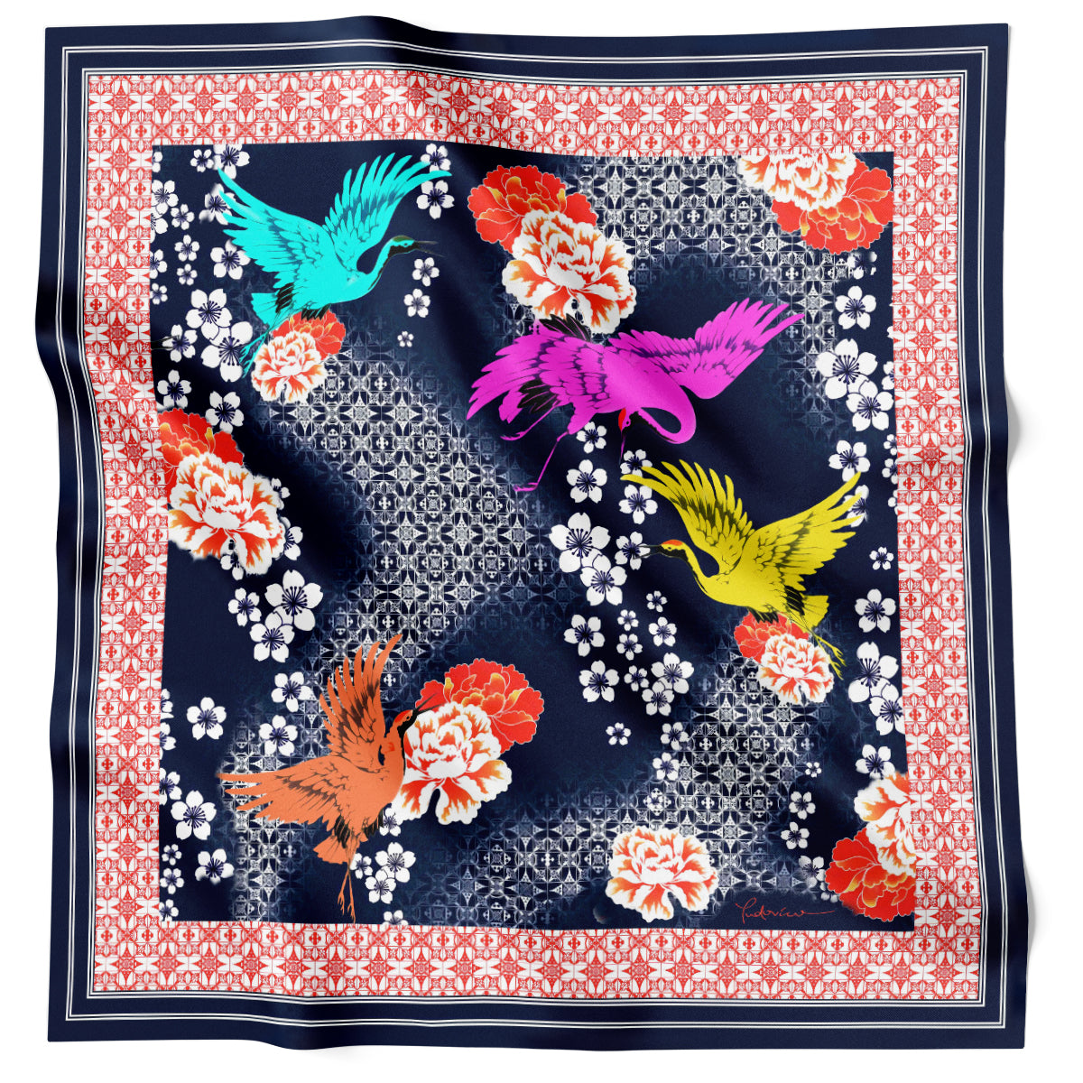 Japanese Cranes Print Silk Scarf