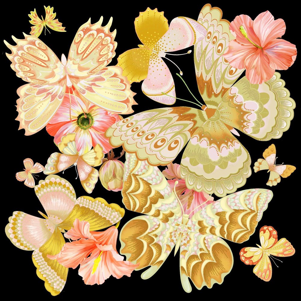 Black Yellow Butterflies Flowers  Silk Scarf