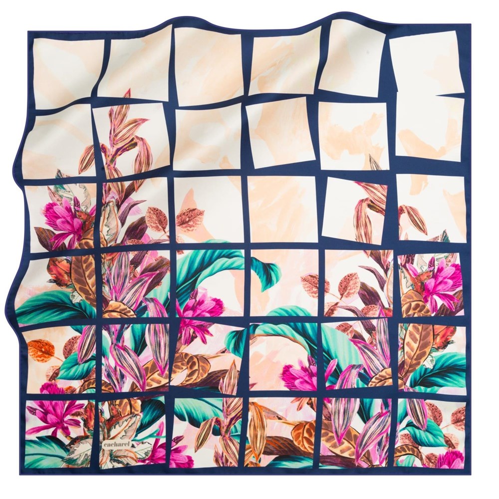 Floral on Navy Tiles Silk Scarf